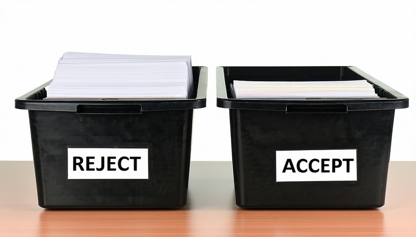 Tabuleiros de arquivo sobre a mesa Um deles está marcado como REJECT e o outro como ACCEPT-1