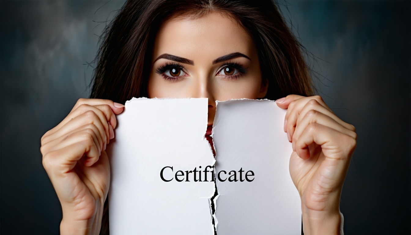 As mãos da mulher, delicadas mas determinadas, agarram os bordos de um papel de aspeto oficial, com a palavra 