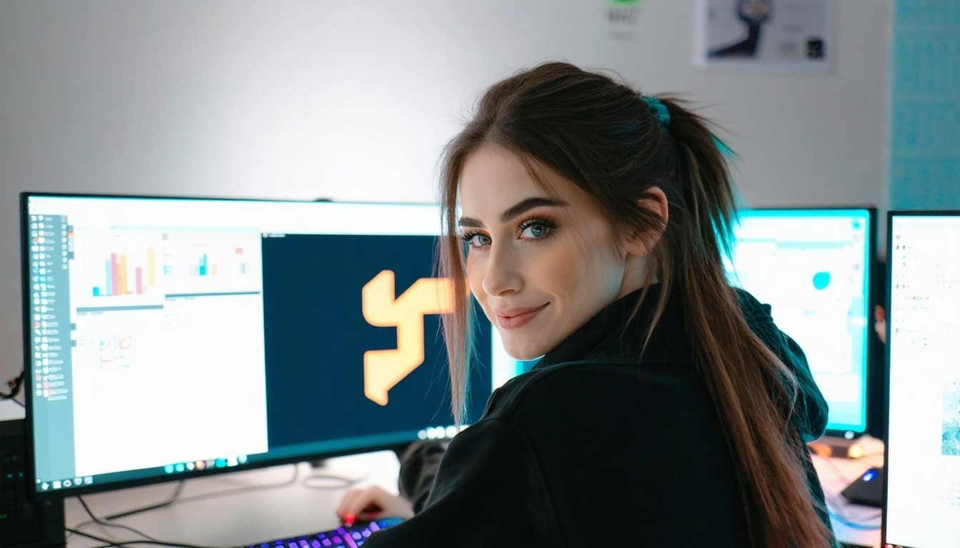 Mulher jovem em frente ao computador a olhar para um logótipo acabado para o BIMI Compliance-Jul-30-2025-05-57-27-4116-PM